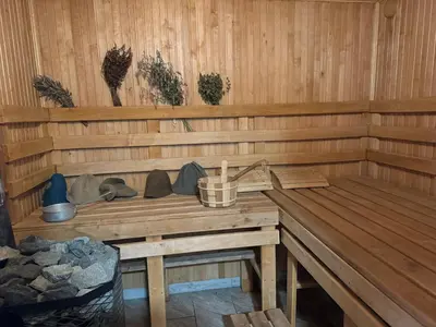 a wooden sauna with a wooden bench and some plants at Pinetree House in Gudeliai