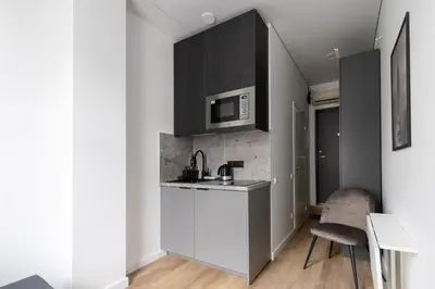 a small kitchen with a sink and a microwave at Hook Studios Vilnius Old Town Economy in Vilnius
