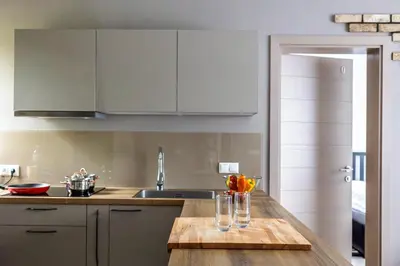 a kitchen with white cabinets and a wooden counter top at Sabos Rezidencija Private Countryside Villa near Vilnius in Dzenkuniskes