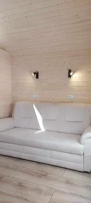 a white couch in a room with a wooden wall at Sodyba Narūnas VIP namelis in Sponėnai