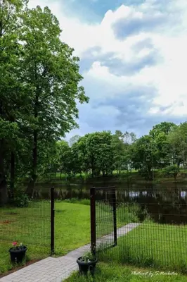 a fence in front of a park with a pond at Sodyba Narūnas VIP namelis in Sponėnai