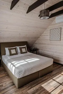 a bedroom with a large bed in a wooden room at Gamtos pinklės in Žiūrai