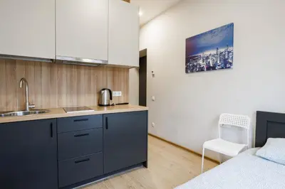 a kitchen with a sink and a bed in a room at Restart in Kaunas