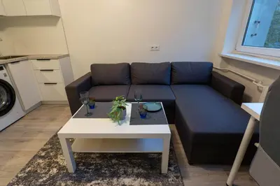 a living room with a couch and a table at Urban Studio Vilnius in Vilnius