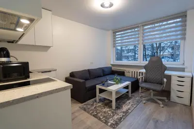 a kitchen and living room with a couch and a table at Urban Studio Vilnius in Vilnius