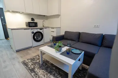 a living room with a couch and a table at Urban Studio Vilnius in Vilnius