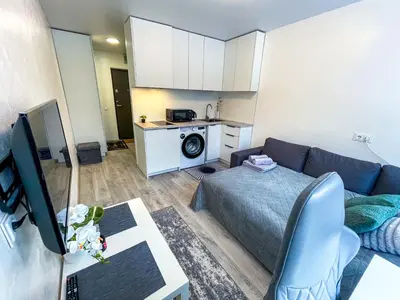 a small living room with a couch and a kitchen at Urban Studio Vilnius in Vilnius