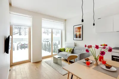 a living room with a couch and a table at Angel House Vilnius 37 in Vilnius