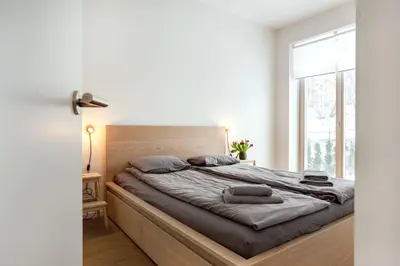 a bedroom with a large bed with pillows on it at Angel House Vilnius 37 in Vilnius