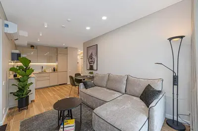 a living room with a couch and a kitchen at Birstonas Rent in Birštonas