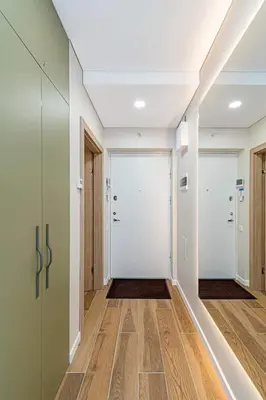 a hallway with white doors and wood floors at Birstonas Rent in Birštonas