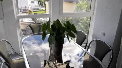 a dining room table with a vase with a plant on it at Vilnius Luxury Apartment 1 in Vilnius