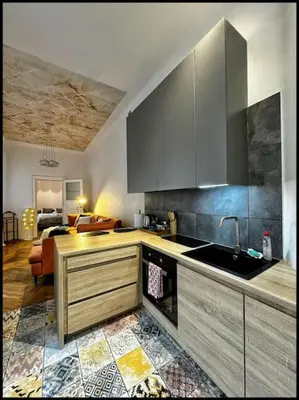 a kitchen with a sink and a living room at Kauno Centras in Kaunas