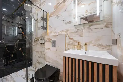 a bathroom with a sink and a glass shower at Poppy Apartments in Vilnius