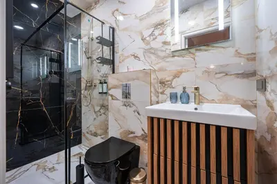 a bathroom with a sink and a shower at Poppy Apartments in Vilnius