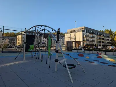 an empty playground with a monkey coaster at Riverside Retreat Near City in VNO