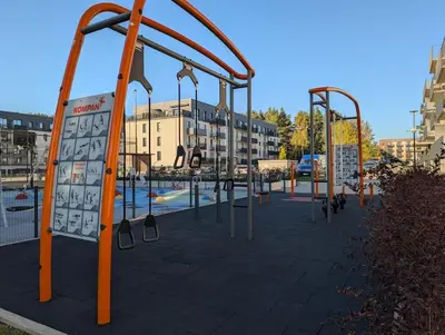 an empty playground in a city with a pool at Riverside Retreat Near City in VNO