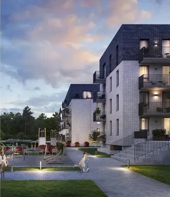 a rendering of a building with two children walking in front at Riverside Retreat Near City in VNO