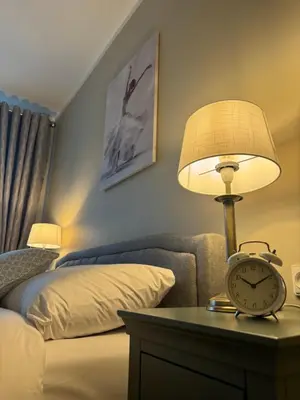 a bedroom with a bed and a table with an alarm clock at Jaukus apartamentas Birzu centre in Biržai