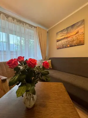 a living room with a vase with roses on a table at Jaukus apartamentas Birzu centre in Biržai