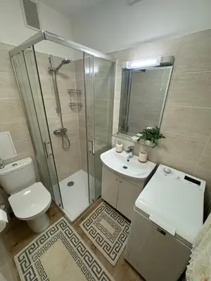 a bathroom with a shower and a toilet and a sink at Jaukus apartamentas Birzu centre in Biržai