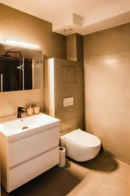 a bathroom with a toilet and a sink at Edvin Loft x Free parking in Vilnius