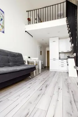 a living room with wooden floors and a couch at Edvin Loft x Free parking in Vilnius
