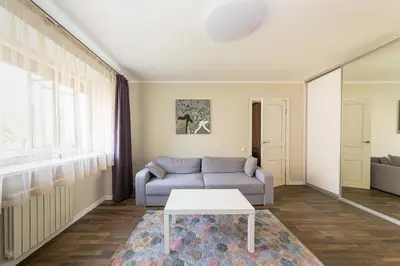 a living room with a couch and a table at Town Square Apartment in Panevėžys