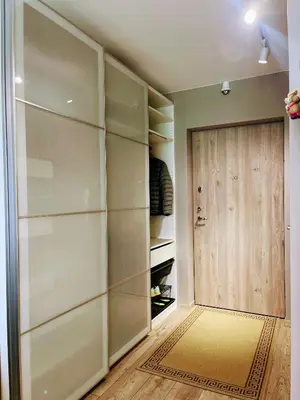 a walk in closet with a wooden door at Studio FAMILY like home in Vilnius
