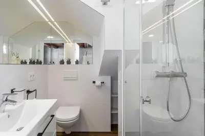 a bathroom with a shower and a toilet and a sink at EIM apartment in Vilnius