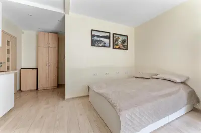 a bedroom with a bed in a white room at A4 Ozo park apartments in Vilnius