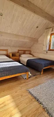 two beds in a room with wooden ceilings at Asvejos sodyba in Skirlėnai