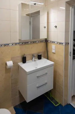 a bathroom with a white sink and a mirror at Bright Vilnius Center Apartment in Vilnius