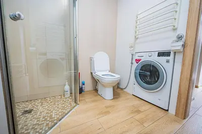 a bathroom with a toilet and a washing machine at Charming Apartment with Private Yard in Marijampolė