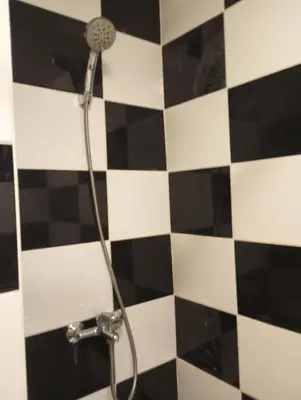 a shower in a bathroom with black and white tiles at Butas centre šalia pėsčiųjų bulvaro in Šiauliai