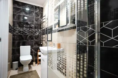 a bathroom with a toilet and a shower at Garden Cottage in Šiauliai