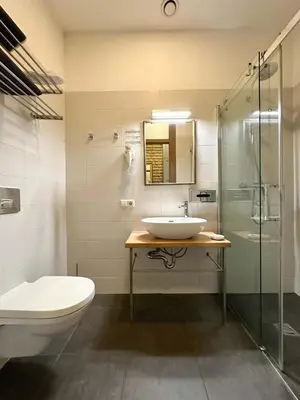 a bathroom with a sink and a toilet and a shower at New Town Home 3 in Vilnius