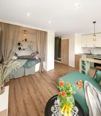 a living room with a bed and a couch and a table at Sunshine apartamentai in Alytus