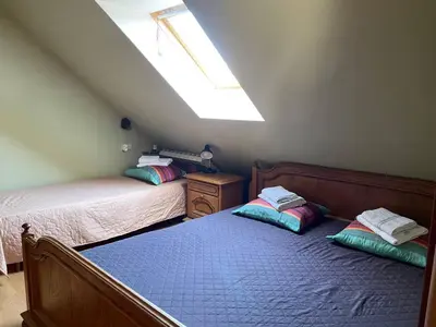 a bedroom with two beds and a skylight at Gallery Guest Rooms in Kernavė