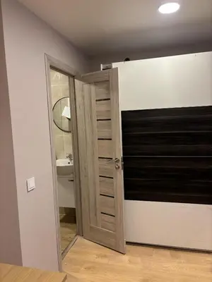 a bathroom with a closet with a sliding door at Kakava House in Nemėžis