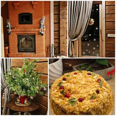 a collage of pictures with a pizza and a fireplace at Užmiesčio trobelė in Mackėnai