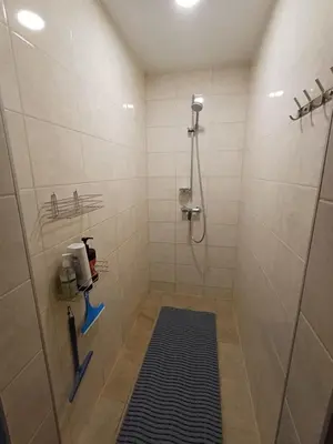 a bathroom with a shower with a walk in shower at Marių Kalvos in Palėvenėlė