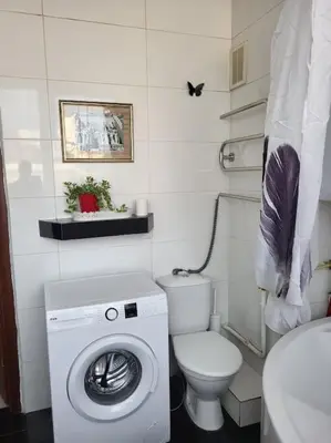 a bathroom with a washing machine and a toilet at four room's apartments in Vilnius