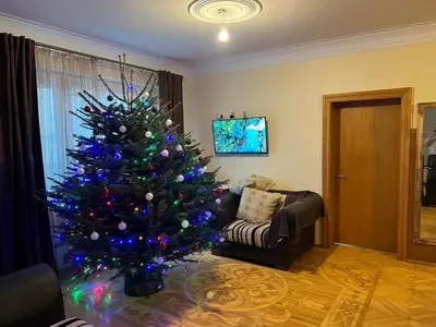 a christmas tree in a living room with a couch at Azimut Guest House Quiet Getaway Garden Sauna in Šiauliai