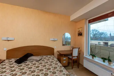 a bedroom with a bed and a desk and a window at DJ home in Druskininkai