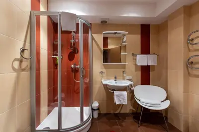 a bathroom with a shower and a toilet and a sink at DJ home in Druskininkai