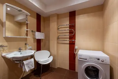 a bathroom with a washing machine and a sink at DJ home in Druskininkai