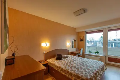 a bedroom with a bed and a desk and a window at DJ home in Druskininkai