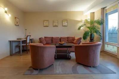 a living room with a couch and a table at DJ home in Druskininkai
