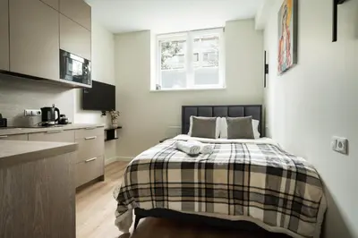 a bedroom with a bed with a plaid blanket at Studio Chic in Vilnius